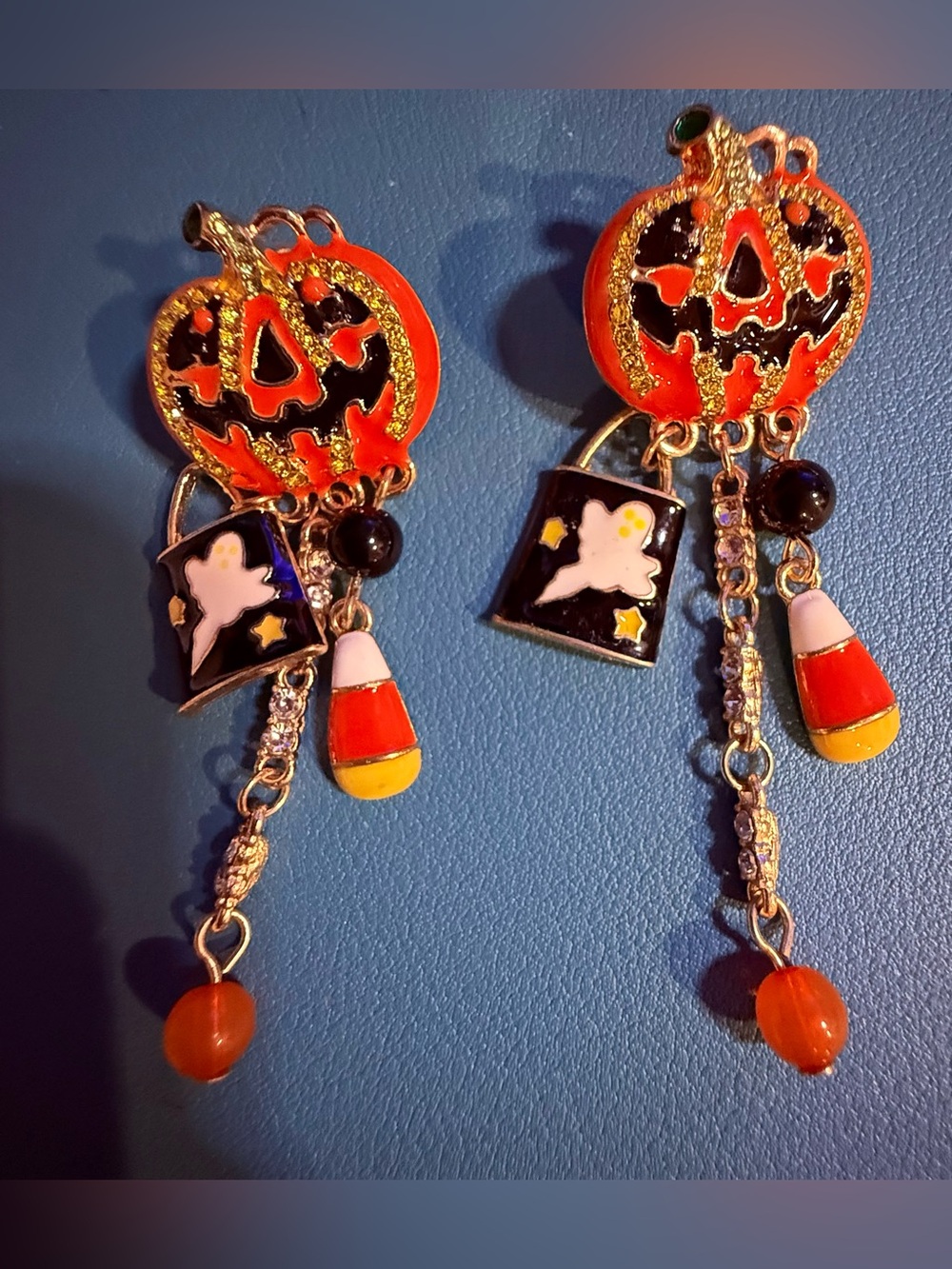Halloween Pumpkin Dangle Earrings - Orange Ghost & Candy Corn